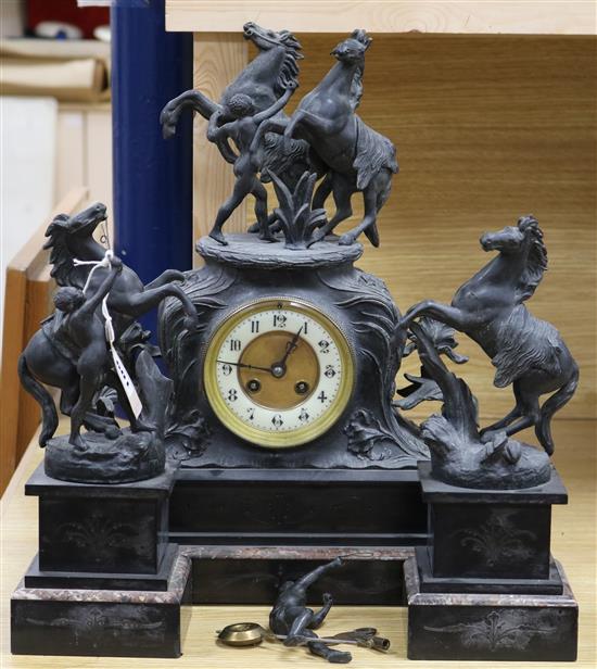 A Victorian spelter and marble clock garniture Clock 46cm high